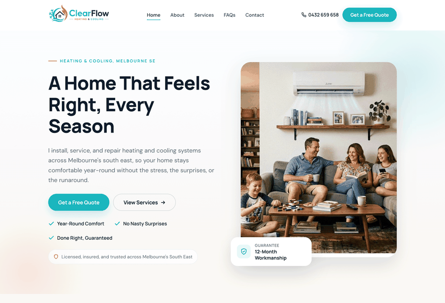 ClearFlow heating and cooling website designed by Niranoma