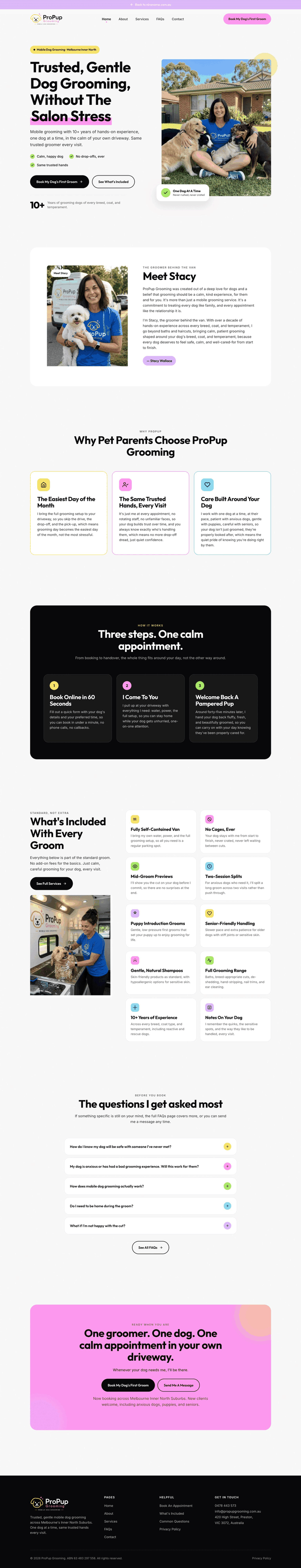 Full-length screenshot of the ProPup Grooming website